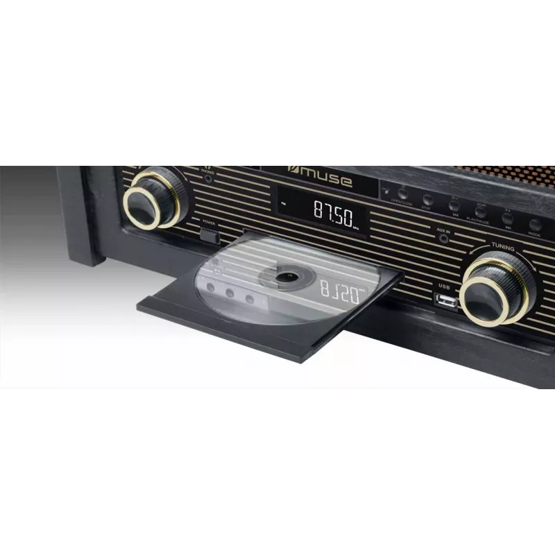 Skaņuplašu atskaņotājs muse MT-115 W — melns/zelts, 33-45-78 RPM, J formas skaņuplašu svira, rotējoša skaļuma poga, 240 V maiņstrāva