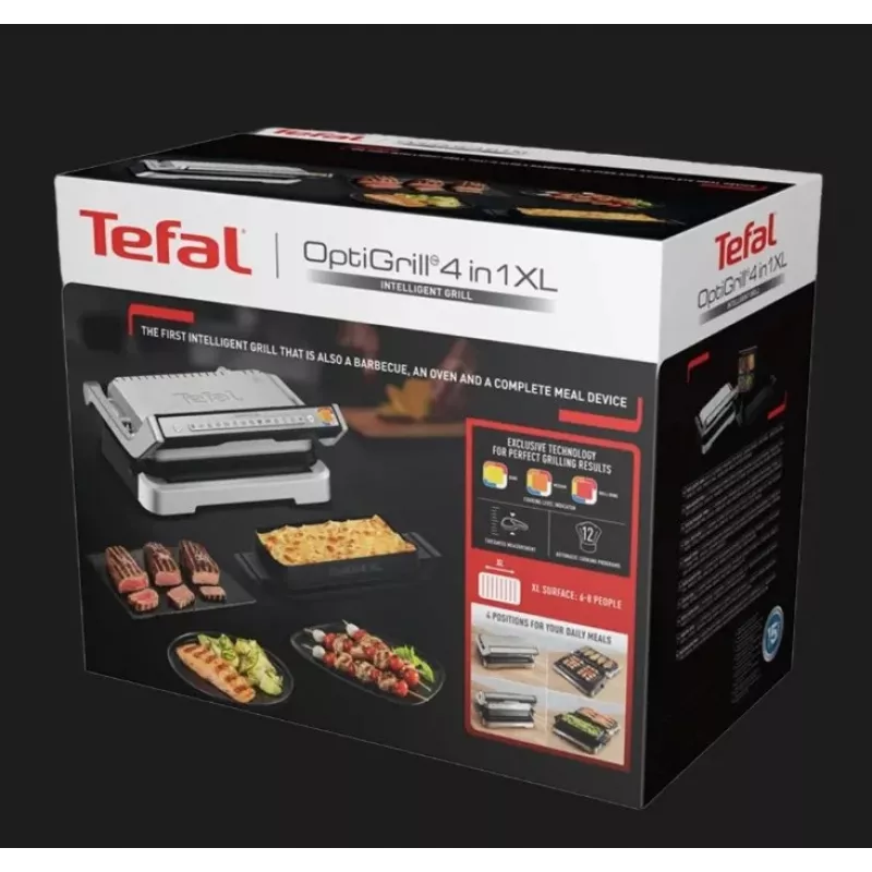 Elektriskais kontaktgrils Tefal OptiGrill+ XL no nerūsējošā tērauda — liela ietilpība, automātiskas gatavošanas programmas
