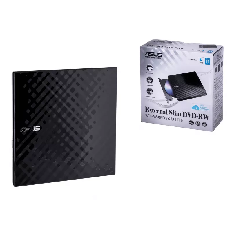 Ārējais DVD±RW optiskais diskdzinis ASUS SDRW-08D2S-U Lite, USB 2.0, melns, 24x CD / 8x DVD, 142×142×20 mm