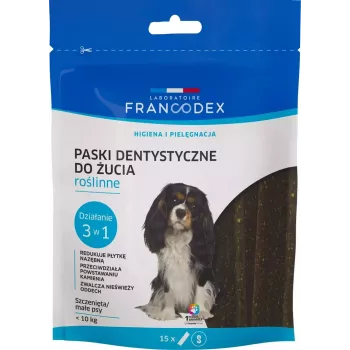 FRANCODEX zobu kopšanas sloksnes suņiem, 15 paciņu iepakojums — zobu kopšanas kārums maziem pieaugušiem suņiem (5–10 kg), 228 g, dārzeņu garša, bez lipekļa