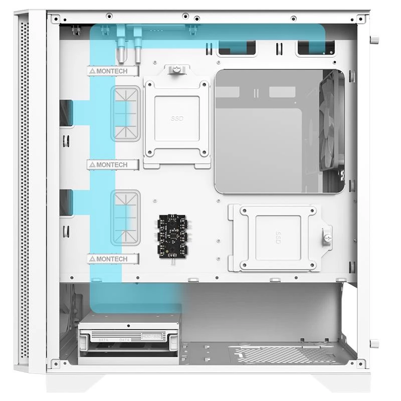 Montech AIR 100 ARGB MICRO-ATX tornis ar četriem iepriekš uzstādītiem ARGB ventilatoriem, īpaši minimālistisks dizains, smalka sieta priekšējais panelis, augsta gaisa plūsma, unikāls sānu panelis