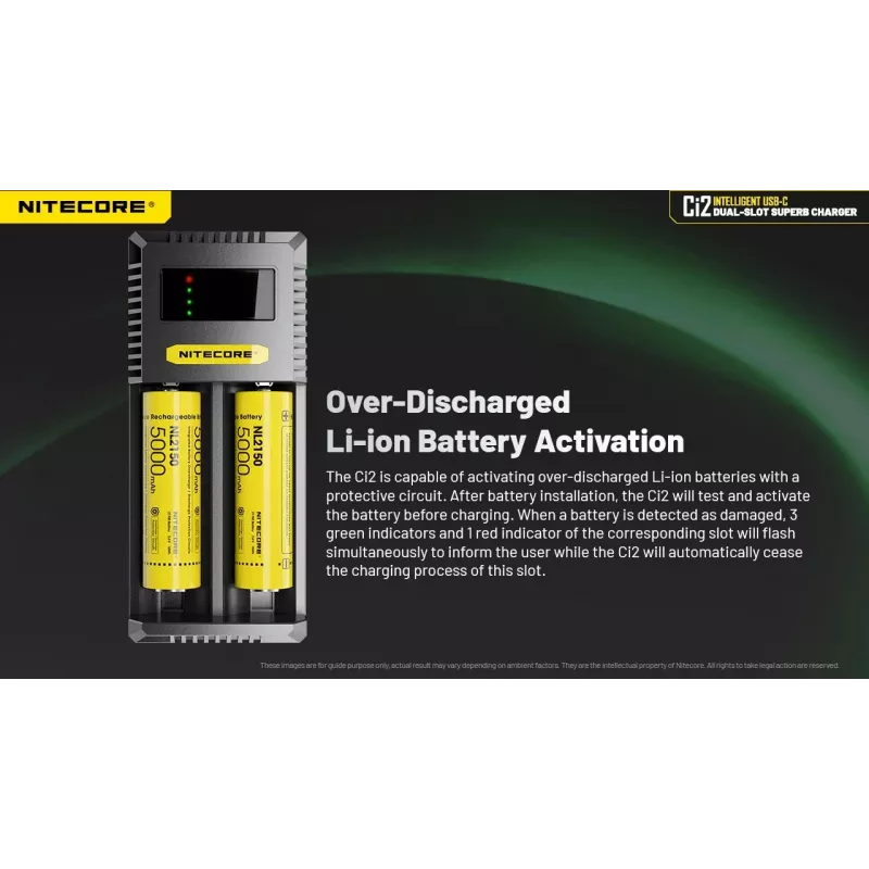 Baterijas lādētājs Nitecore Ci12 Universāls USB lādētājs Li‑Ion, NiCd, NiMH, 3A ieeja 5/9/12V, plastmasas korpuss