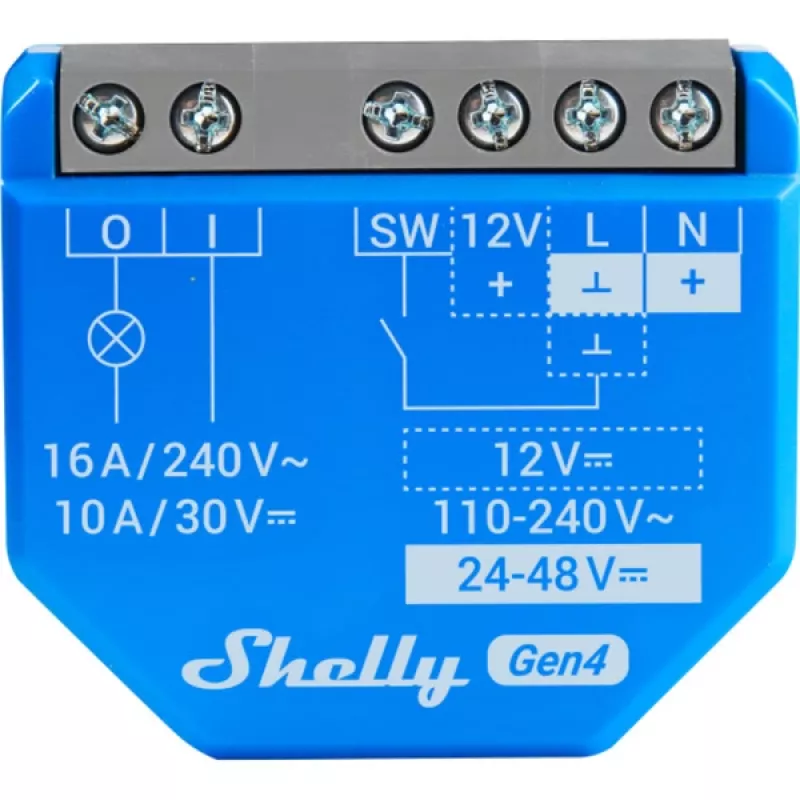 Viedais slēdzis Shelly 1 Gen4, bezvadu, 240 V maiņstrāva, Bluetooth 5.0/Wi‑Fi/ZigBee, plastmasas korpuss, 42×16×37 mm, komplektā 2 gab.