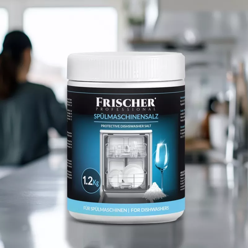 Trauku mazgājamās mašīnas sāls FRISCHER FR00101_1200, 1,2 kg, ūdens mīkstināšanas sāls plastmasas burkā