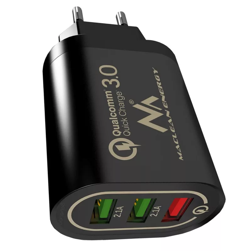 USB sienas lādētājs MACLEAN MCE479B — 3x USB pieslēgvietas, 18W kopējā izejas jauda, kompakts
