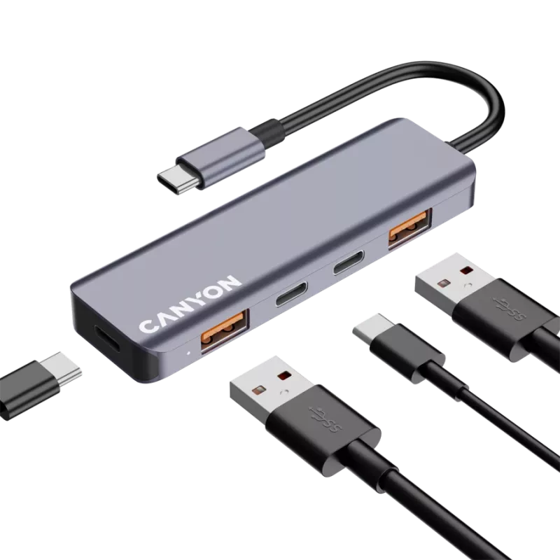 Canyon DS-18 - USB-C centrmezgls - 5 porti - 1x USB-C 5V līdzstrāvas uzlāde - 2x USB-C - 10 Gbps - 2x USB 3.2