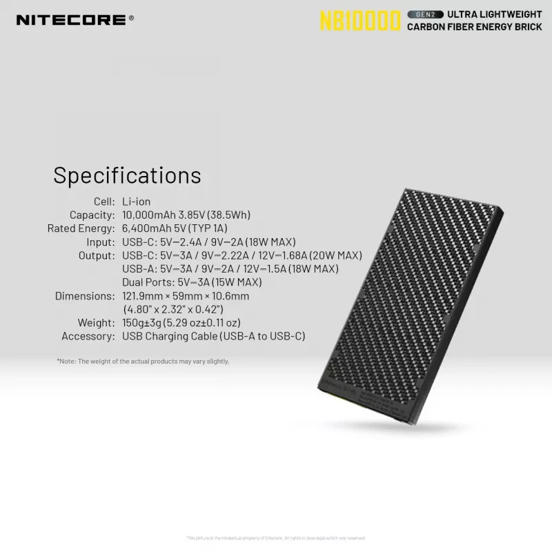 Pārnēsājams ārējais akumulators Nitecore NB10000 — 10000 mAh, USB‑A + USB‑C, 38 W kopējā izeja, pelēks