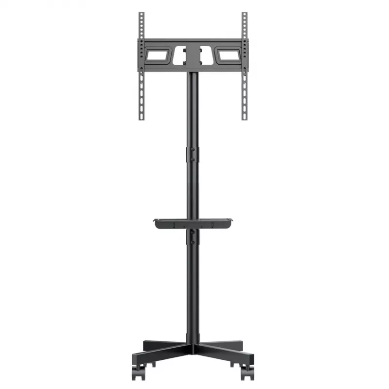 TV ratiņi MACLEAN MC-949 32–55 collu televizoriem, VESA 75×75–400×400 mm, maks. slodze 25 kg, augstums 147–155 cm, uzglabāšanas plaukts, melns