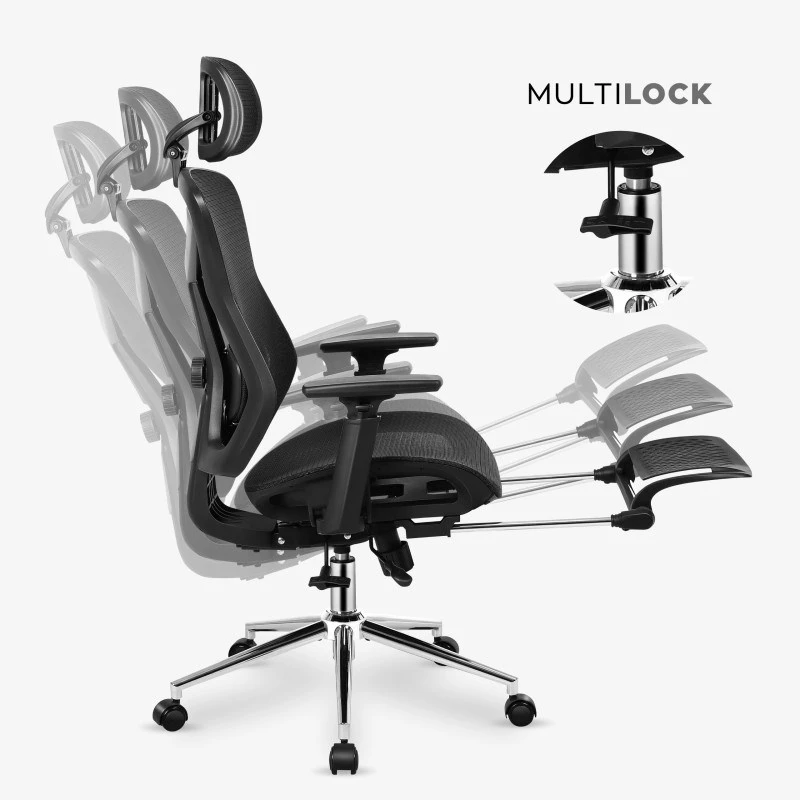 Grozais krēsls mark adler MA-EXPERT 5.7 — ergonomisks tīklveida biroja krēsls, regulējams augstums, galvas balsts, roku balsti, kāju balsts, melns