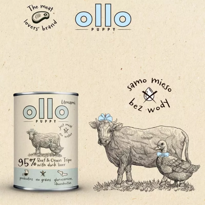OLLO Puppy Umami Beef and Green Tripe with Duck Liver - mitrā suņu barība - 850 g