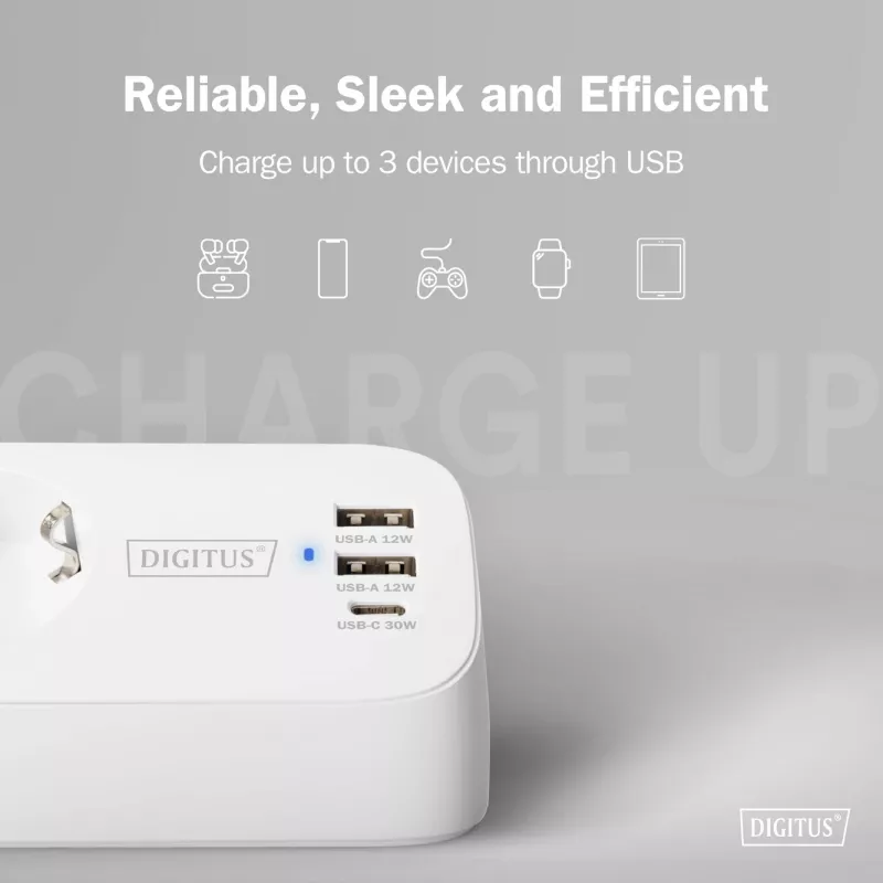 Strāvas sadalītājs DIGITUS 3-vietīgs ar 2×USB-A un 1×USB-C, 3 maiņstrāvas rozetes tips E/F, 1,5 m kabelis, balts