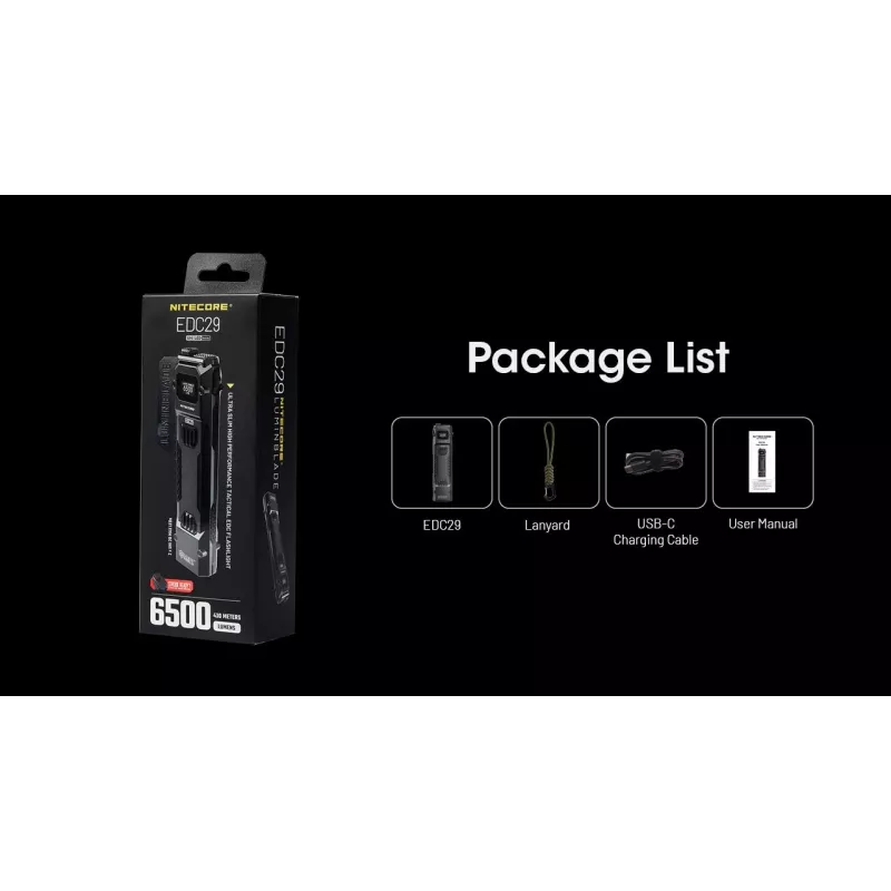 Rokas lukturītis Nitecore EDC29 nerūsējošā tērauda korpuss, 2 gaismas diodes, 15–6500 lm, IP54, uzlādējams caur USB