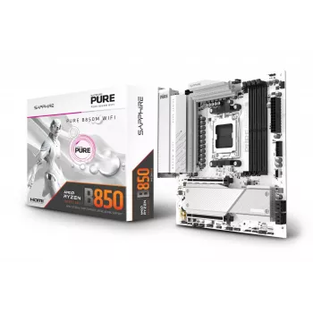 Mātesplate Sapphire PURE B850M WIFI Micro ATX — AMD B850, Socket AM5, DDR5 līdz 8000 MHz, 4 DIMM, Wi‑Fi 6, 2,5 Gb LAN, 2× M.2, PCIe 5.0 x16