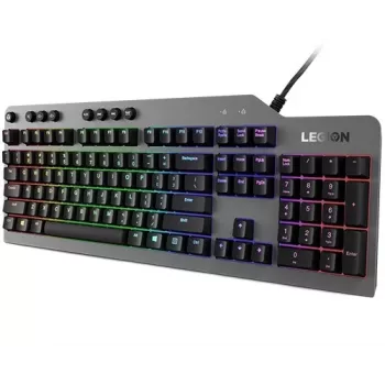 Mehāniskā spēļu tastatūra Lenovo Legion K500 — pilna izmēra 104 taustiņu USB, QWERTY ASV angļu, RGB fona apgaismojums, pelēka/melna