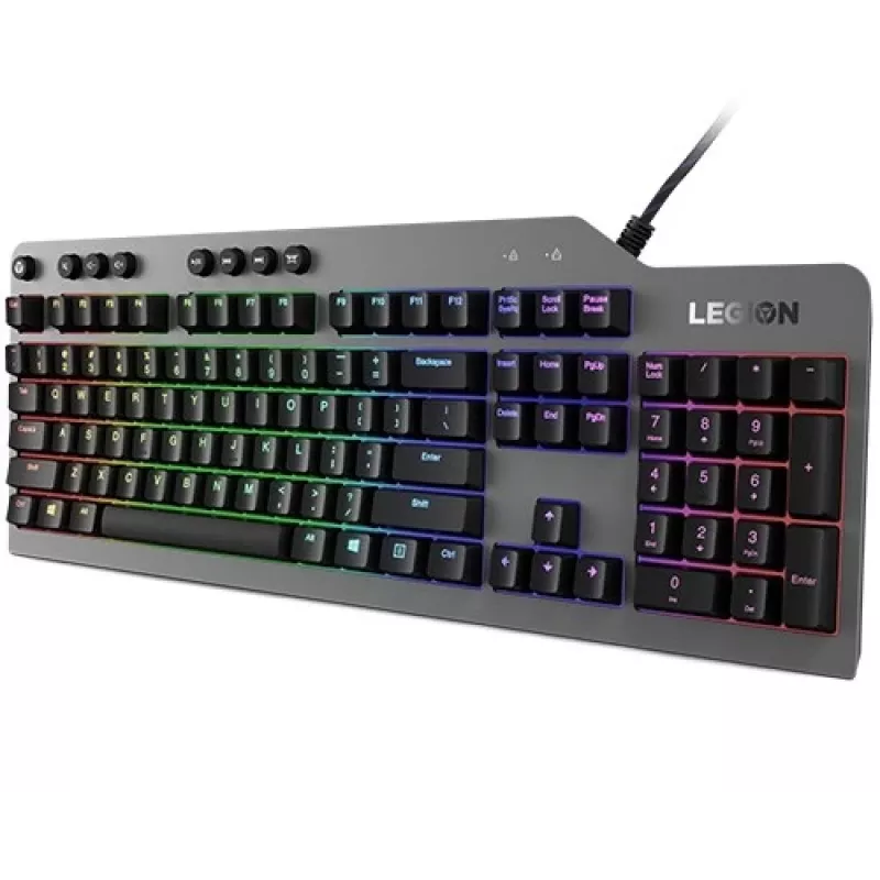 Mehāniskā spēļu tastatūra Lenovo Legion K500 — pilna izmēra 104 taustiņu USB, QWERTY ASV angļu, RGB fona apgaismojums, pelēka/melna