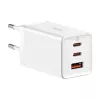 Sienas lādētājs Baseus GaN5 Pro 65W — USB + 2×USB-C (QC3.0, PD3.0) ar 1 m USB-C kabeli, balts