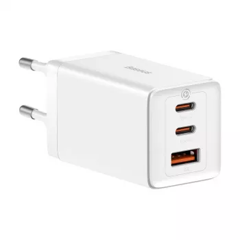 Sienas lādētājs Baseus GaN5 Pro 65W — USB + 2×USB-C (QC3.0, PD3.0) ar 1 m USB-C kabeli, balts