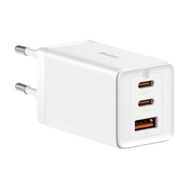 Sienas lādētājs Baseus GaN5 Pro 65W — USB + 2×USB-C (QC3.0, PD3.0) ar 1 m USB-C kabeli, balts