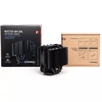 CPU dzesētājs Noctua NH-D9L CHROMAX.Melns — 92 mm ventilators, 400–2000 RPM, 22,6 dB, izmēri 95×95×110 mm, svars 531 g