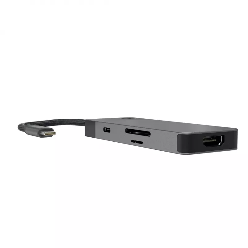 USB Type‑C centrmezgls zaļa Cell HUBGC01 — 7 pieslēgvietas: 3×USB‑A 3.2 Gen 1, 1×USB‑C 3.2 Gen 1, HDMI, microSD+SD karšu lasītājs — sudrabains