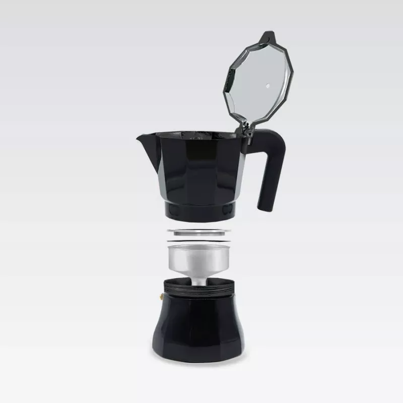 Moka katliņš Maestro MR-1658-3 — alumīnija plīts kafijas automāts, 3 krūzes (0,15 L), melns, ar salokāmu vāku