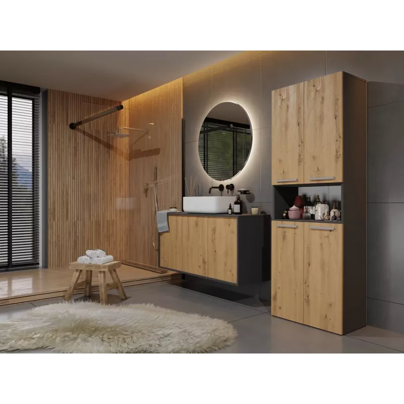Vannas istabas uzglabāšanas skapis Top e Shop NEL 2K DK ANT/ART KP — Grafīts/Ozols, brīvi stāvošs, 600×300×1740 mm, 3 plaukti