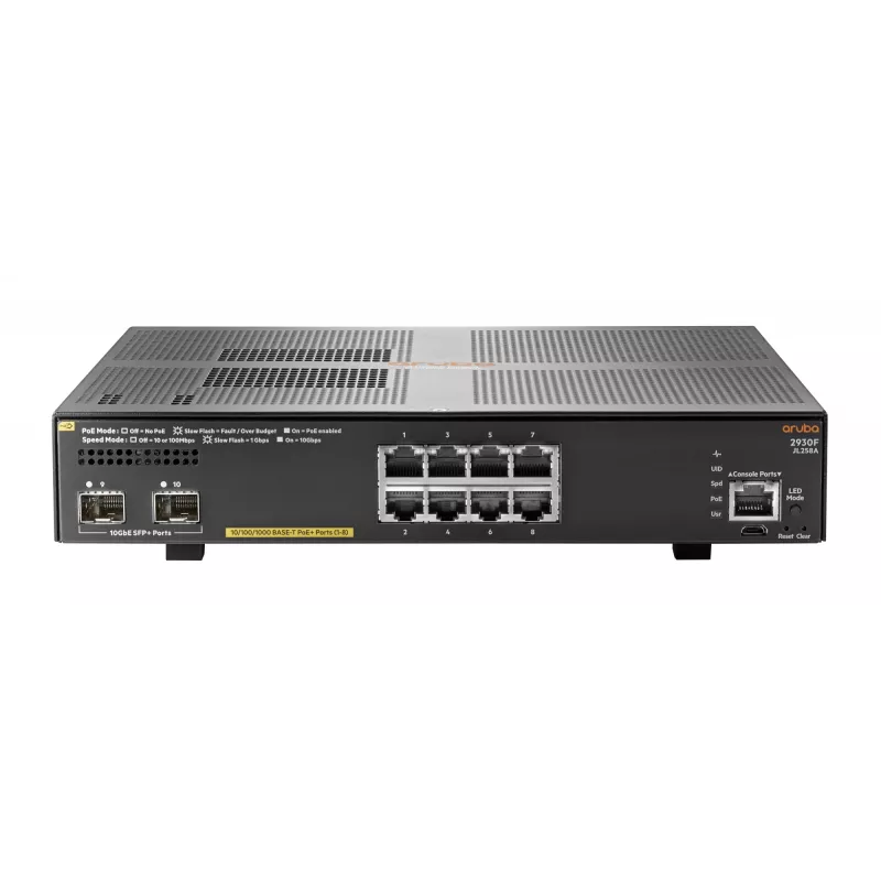 Hewlett Packard Enterprise HPE Aruba 2930F 8G PoE+ 2SFP+ - Slēdzis - L3 - pārvaldīts - 8 x 10/100/1000 (PoE+) + 2 x 1 Gigabit/10 Gigabit SFP+ (augšupsaite) - uzstādāms statīvā - PoE+ (125