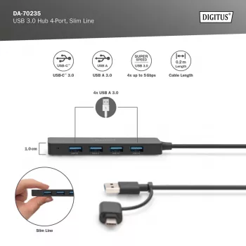 USB centrmezgls, Digitus, DA-70235, 4 portu, USB 3.2 Gen 1, A un C tipa, 12000 Mbit/s