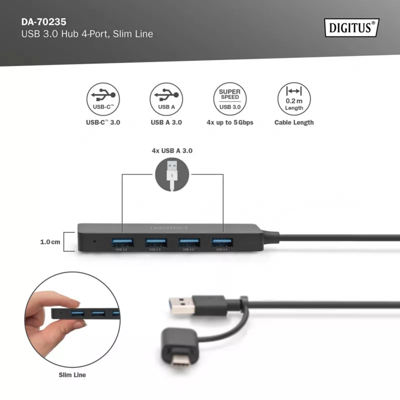 USB centrmezgls, Digitus, DA-70235, 4 portu, USB 3.2 Gen 1, A un C tipa, 12000 Mbit/s