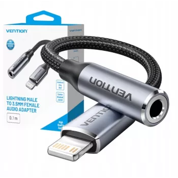 Audio adapter Vention Lightning uz 3,5 mm BMBHA, vadu Lightning uz 3,5 mm adapteris ar 0,1 m kabeli, pelēks