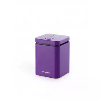 Iztvaikojošs aromātu difuzors Stylies ELARAPURPLE telpām līdz 25 m² — violets, taisnstūrveida, maiņstrāvas/bateriju/USB barošana, smaržu kārtridžs, 2 h taimeris, 74×74×100 mm, 1,3 W