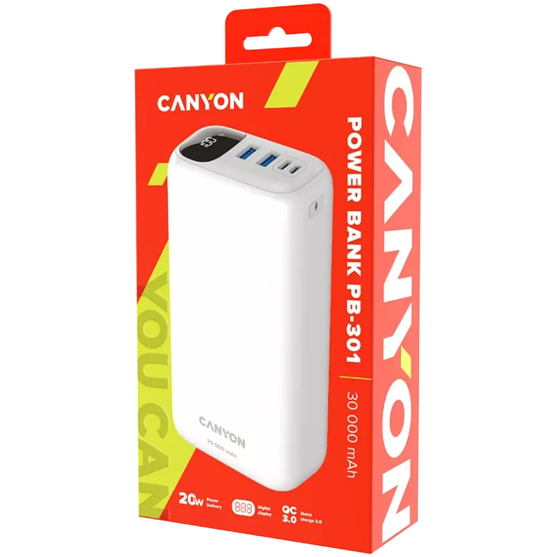 CANYON power bank PB-301 LED 30000 mAh PD 20W QC 3.0 Balts