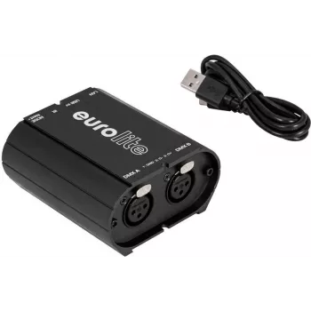DMX saskarne EUROLITE USB/LAN-DMX 2x512ch (modelis 51860117) — USB un Ethernet savienojums apgaismojuma vadībai