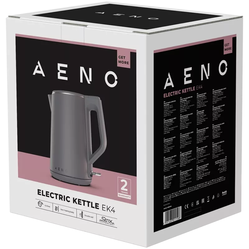 AENO Elektriskā tējkanna EK4: 1850-2200W, 1,5L, Strix, dubultās sienas, nesildošs korpuss, automātiska izslēgšanās, aizsardzība pret sauso tvertni