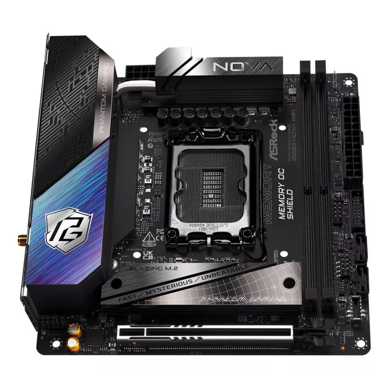 Mātesplate ASRock Phantom Gaming Z890I Nova WiFi — Intel Z890, LGA 1851, mini ITX, DDR5, 2x M.2, Wi‑Fi 6E/7, 5Gb LAN, Thunderbolt