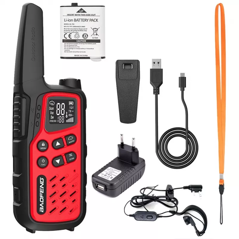 Portable walkie-talkie Baofeng BF-T25E — 16 channels, 0.5W, Li-Ion 1400mAh, set of 2 (red)