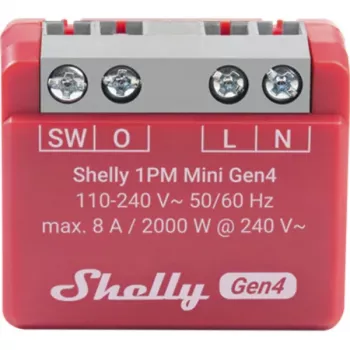 Viedais slēdzis Shelly 1PM Mini Gen4, bezvadu 110–240 V maiņstrāva, maks. 8 A / 2000 W, plastmasas korpuss 34×16×29 mm
