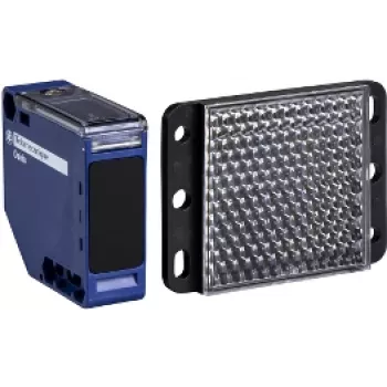 Fotoelektriskais sensors APC XUK1ARCNL2H61 — zils plastmasas korpuss, 0–7 m diapazons, 24–240 V maiņstrāvas ieeja, 250 V izeja, 50×50×18 mm