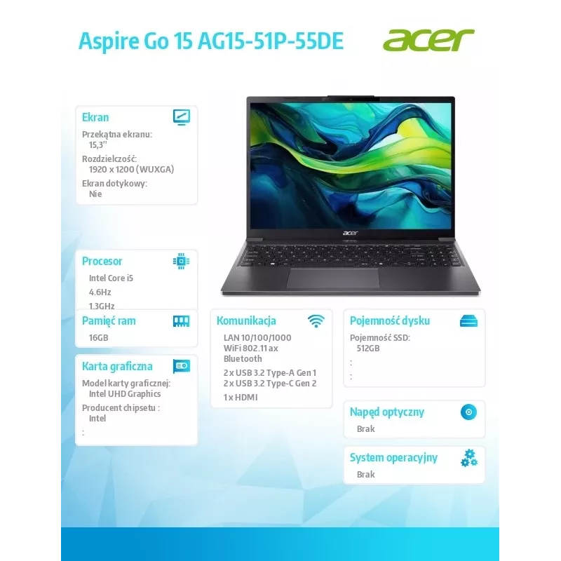 Piezīmjdators Aspire Go 15 AG15-51P-55DE i5-1334U 15.3 WUXGA, 16GB, 512GB SSD, bez OS