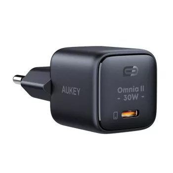 Sienas lādētājs Aukey PA-B1L USB-C 30 W melns — kompakts USB‑C PD strāvas adapteris