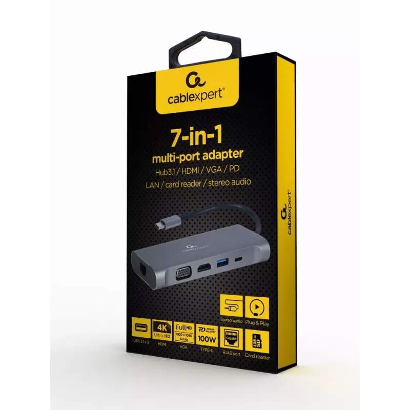 Gembird A-CM-COMBO7-01 piezīmjdatora dokstacija/portu replikators USB 3.2 Gen 1 (3.1 Gen 1) Type-A pelēks