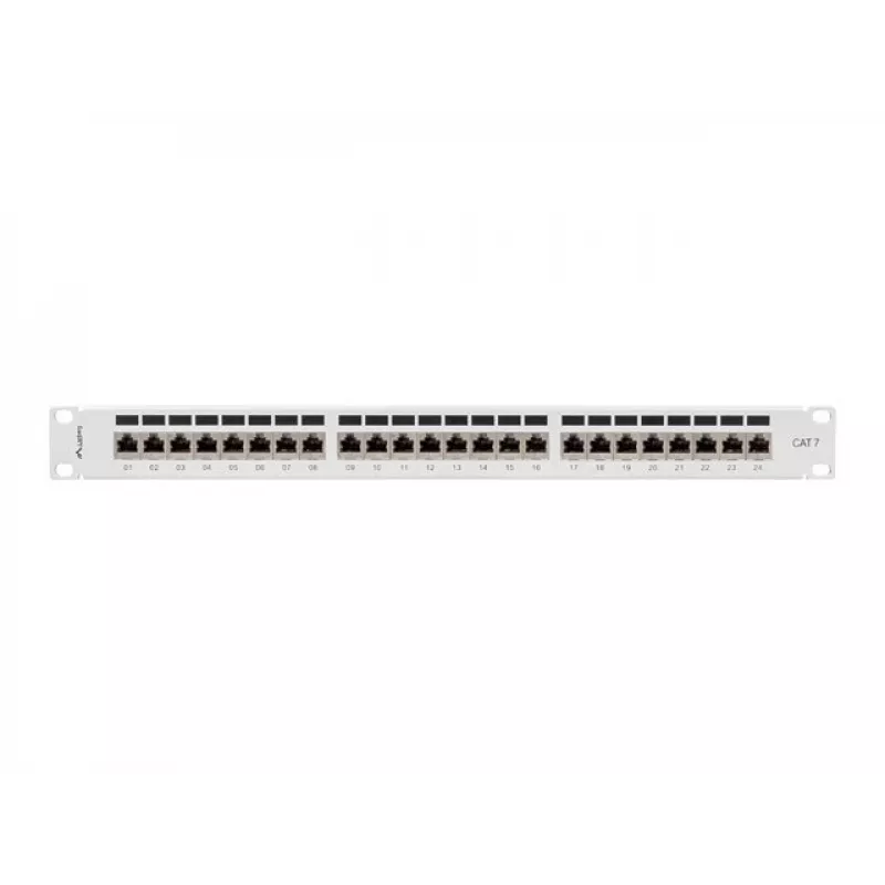 Patch panel 1U LANBERG PPS7-1024-S — 24-portu, Cat7, F/UTP, metāla, 1U (445×102×44,5 mm)