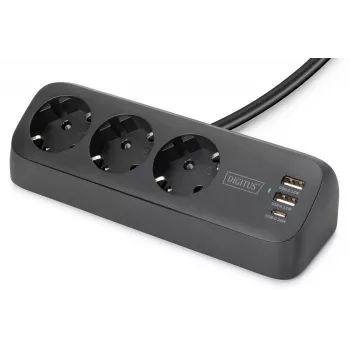 Strāvas sadalītājs DIGITUS 3-vietīgs ar 2×USB-A & 1×USB-C, 3 maiņstrāvas kontaktligzdām Tips E/F, 1,5 m kabelis, melns