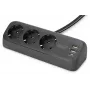 Strāvas sadalītājs DIGITUS 3-vietīgs ar 2×USB-A & 1×USB-C, 3 maiņstrāvas kontaktligzdām Tips E/F, 1,5 m kabelis, melns