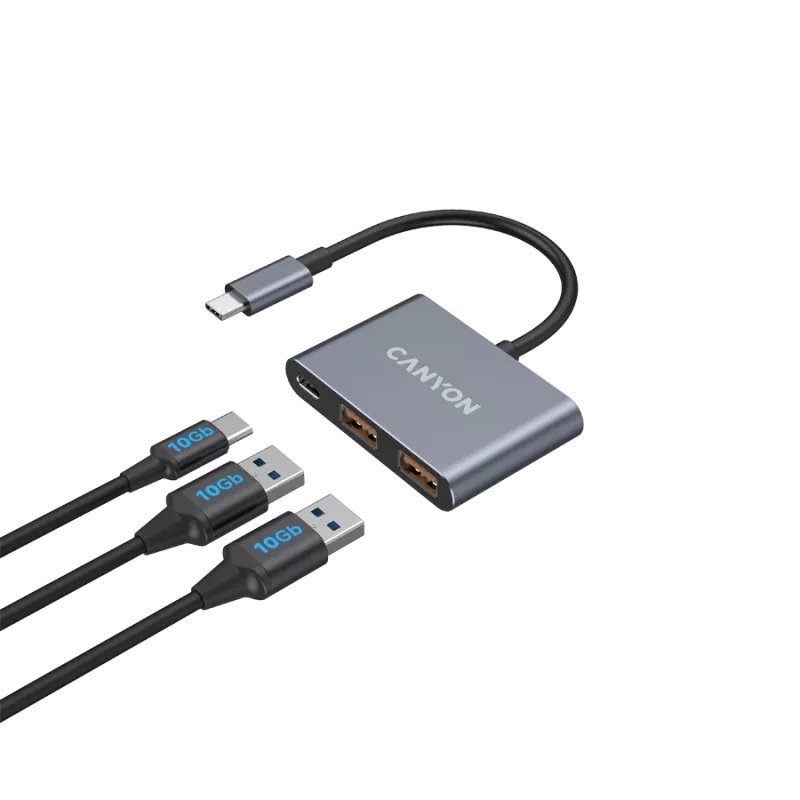 USB-C 3-in-1 centrmezgls CANYON DS-3 tumši pelēks — USB-C uz USB-A + HDMI + strāvas padeves caureja