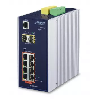 PLANET IGS-10020PT - komutators - pārvaldāms - 8 x 10/100/1000 (PoE) + 2 x Gigabit SFP - DIN sliedes montāža, sienas montāža - PoE (130 W) - DC (IGS-10020PT)
