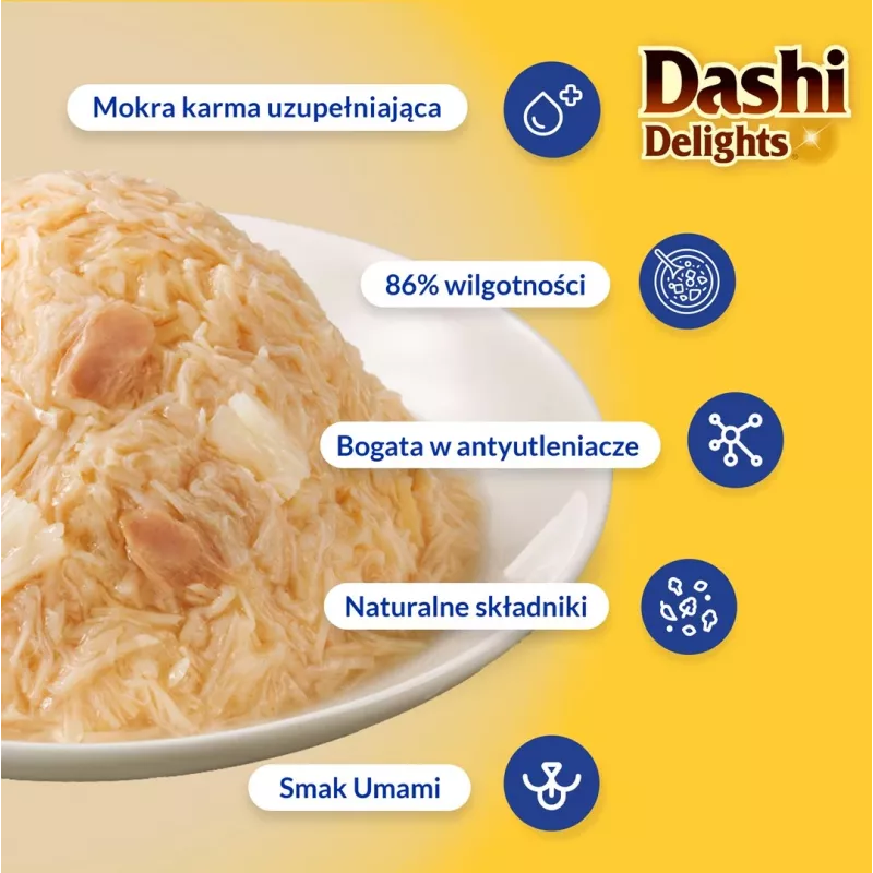 Slapjš kaķu kārums INABA Dashi Delights Delicate Flakes Chicken 40 g — diētisks, 86% mitruma, 12% olbaltumvielu