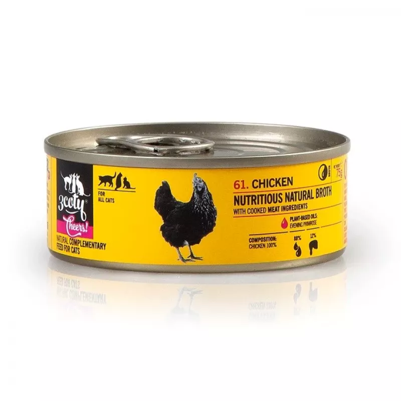 Mitrā kaķu barība 3coty Chicken Cheers 75 g — pilnvērtīga mitrā barība pieaugušiem kaķiem, porciju paciņa, 12 % olbaltumvielu, 7,5 % tauku, 80 % mitruma