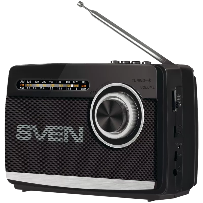Skaļrunis SVEN SRP-155, melns (3W, Bluetooth, FM/AM/SW, USB, microSD, lukturītis, akumulators)