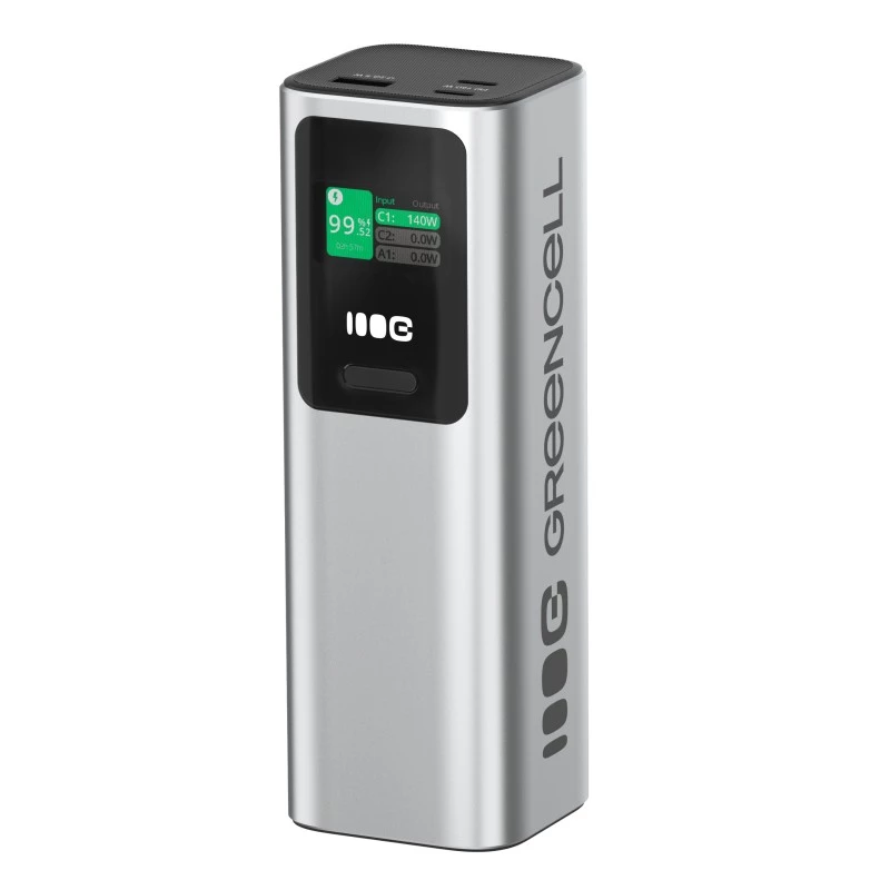 Portatīvais akumulators Green Cell PBGC25UD, 25200 mAh, Li‑Ion, 140 W kopējā jauda, 2× USB‑C + 1× USB‑A, OLED displejs, alumīnija korpuss